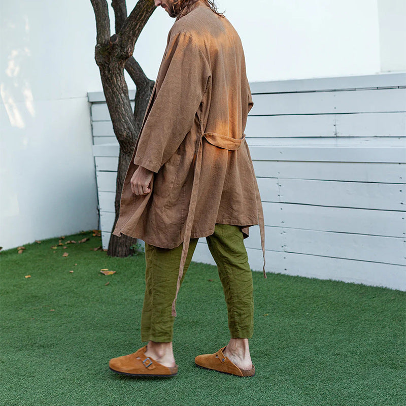 Men's Long Linen Kimono Coat in Relaxed Fit with Tie Belt Mune Fashion