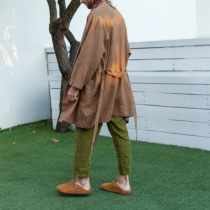 Men's Long Linen Kimono Coat in Relaxed Fit with Tie Belt Mune Fashion