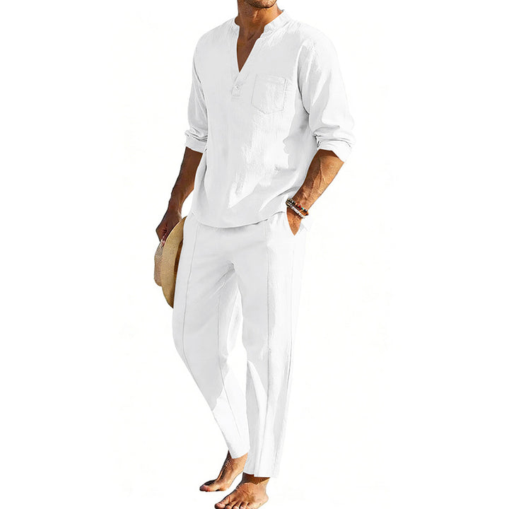 Men's comfortable linen two-piece with stand-up collar shirt and tapered ankle-length pants Mune Fashion