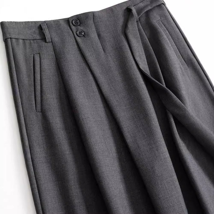 Ladies wide high-waisted tailored trousers with pleats and fabric belt Mune Fashion