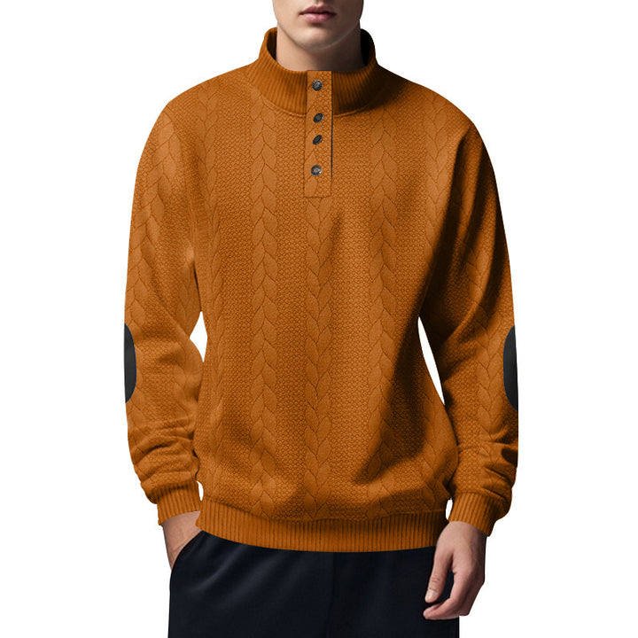 Men's structured cable knit Henley sweater with stand-up collar and elbow patches Mune Fashion