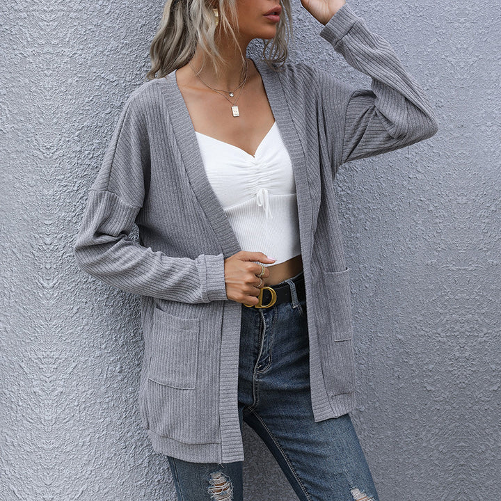 Women casual ribbed knit cardigan with pockets and open cut Mune Fashion