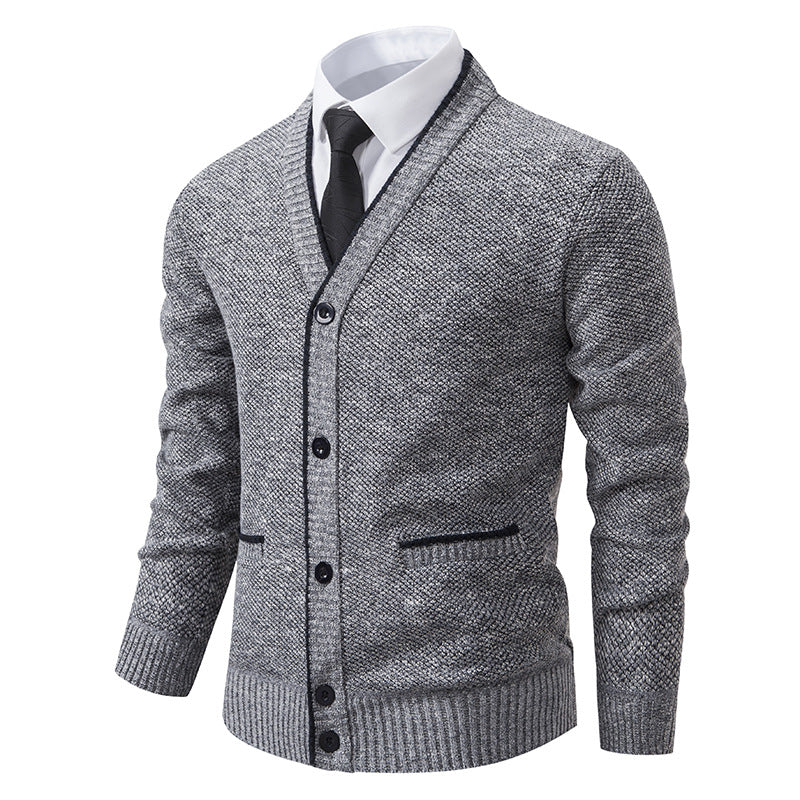 Men's knitted cardigan with melange structure, V-neck, contrast edges, and patch pockets Mune Fashion