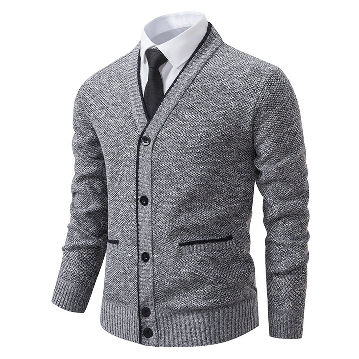Men's knitted cardigan with melange structure, V-neck, contrast edges, and patch pockets Mune Fashion
