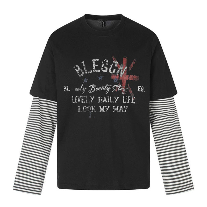 Women's Layered Long Sleeve Shirt with Striped Insert Sleeves and Vintage Print Mune Fashion