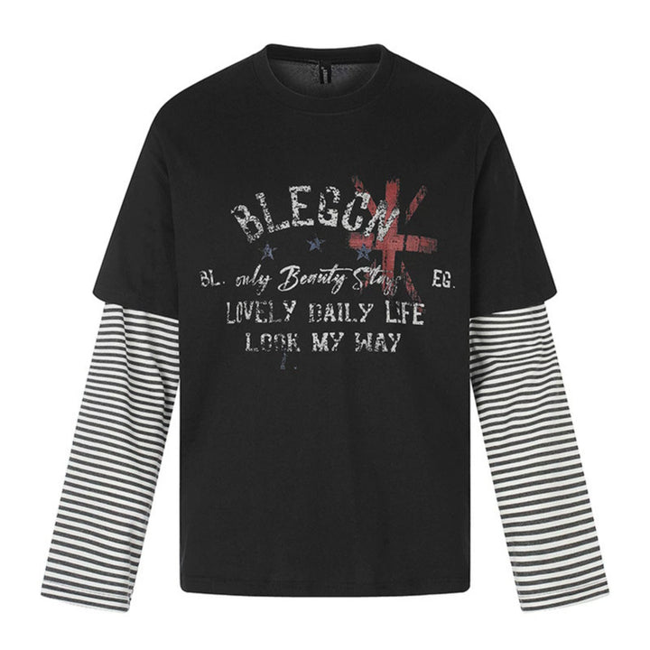 Women's Layered Long Sleeve Shirt with Striped Insert Sleeves and Vintage Print Mune Fashion