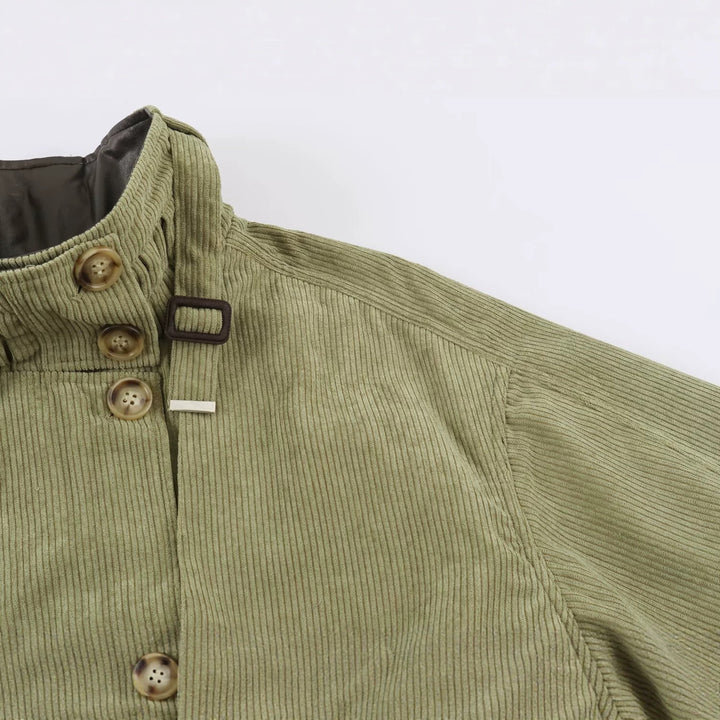 Women's Tailored Cord Field Jacket with Stand-up Collar Shoulder Yoke and Belt Drune