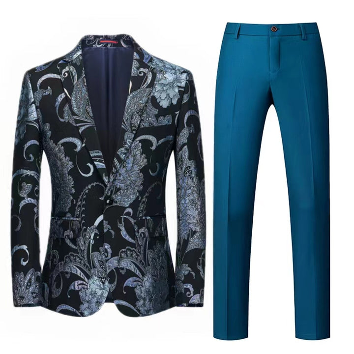 Women's Two-Piece Satin Jacquard Blazer with Floral Pattern and Tailored Fit as well as Slim Fit Suit Pants Mune Fashion