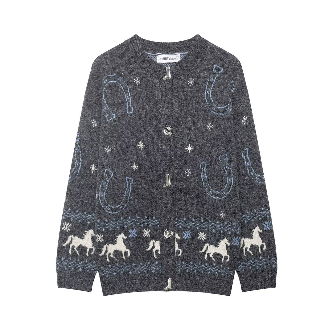Women's knit cardigan with horse and horseshoe jacquard and decorative buttons Mune Fashion