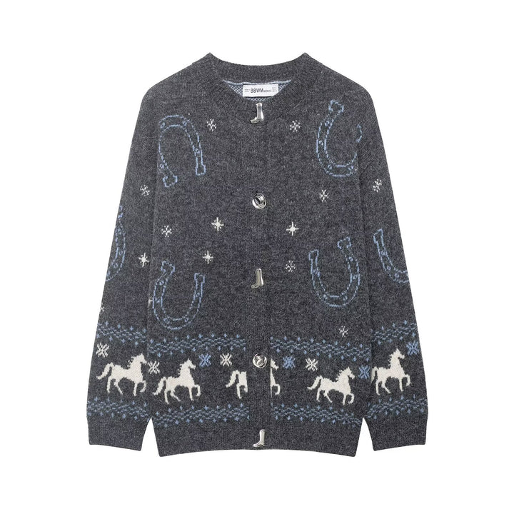 Women's knit cardigan with horse and horseshoe jacquard and decorative buttons Mune Fashion