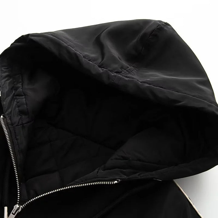 Women's lightweight hooded bomber jacket with contrast stripes, elastic hem, and practical side pockets Mune Fashion