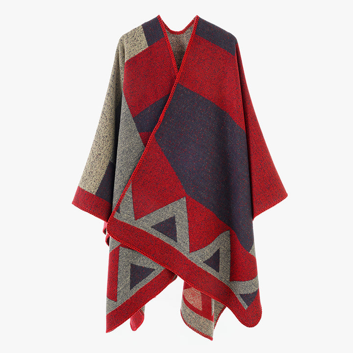 Women's Versatile Wool Blend Throw Poncho with Geometric Jacquard and Open Front