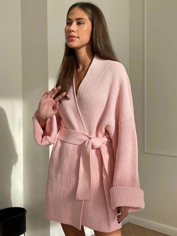 Women's Oversize Knit Coat with Ties and Ribbed Fine Knit Dress