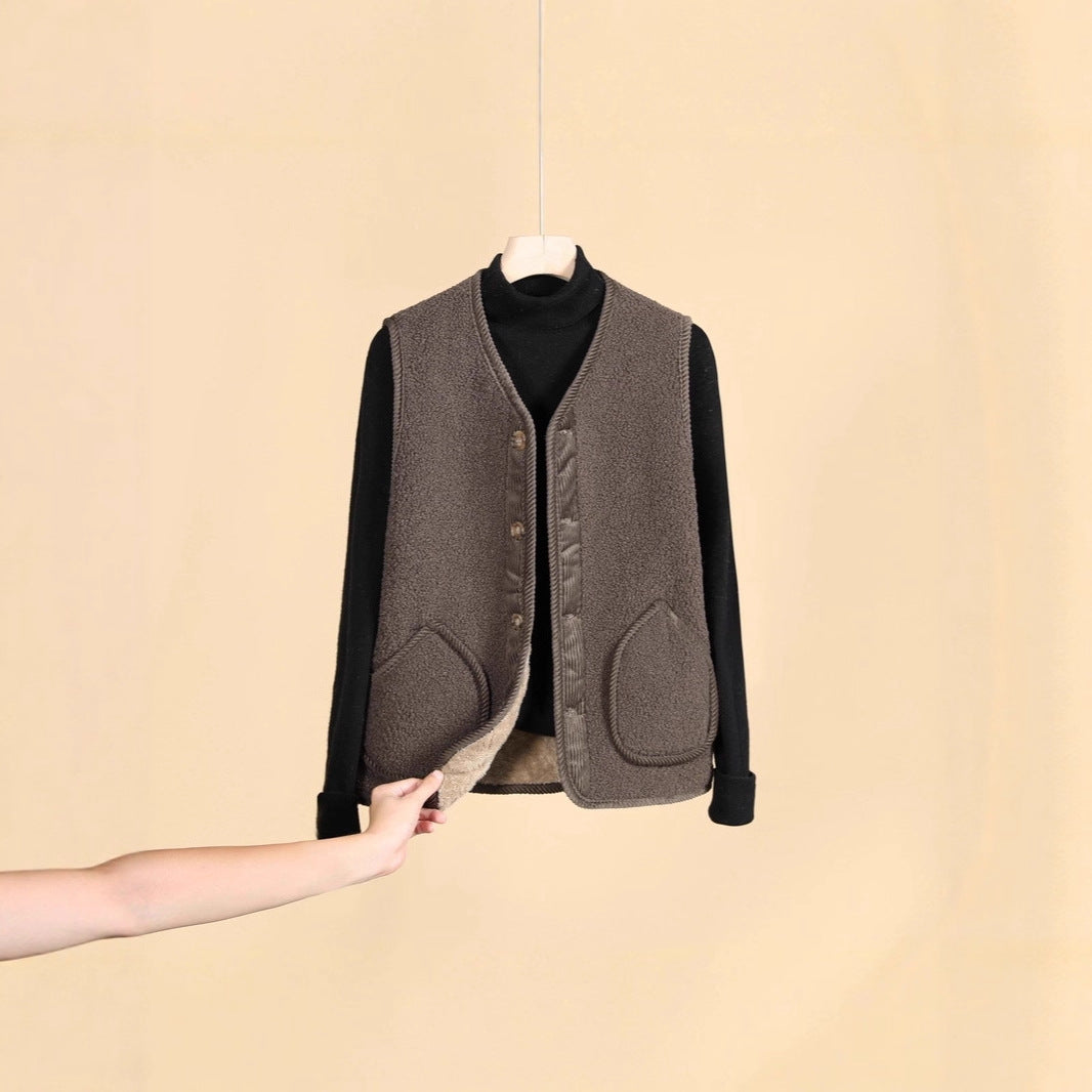 Women's Sleeveless Thermofleece Vest with Button Placket and Round Pockets Mune Fashion