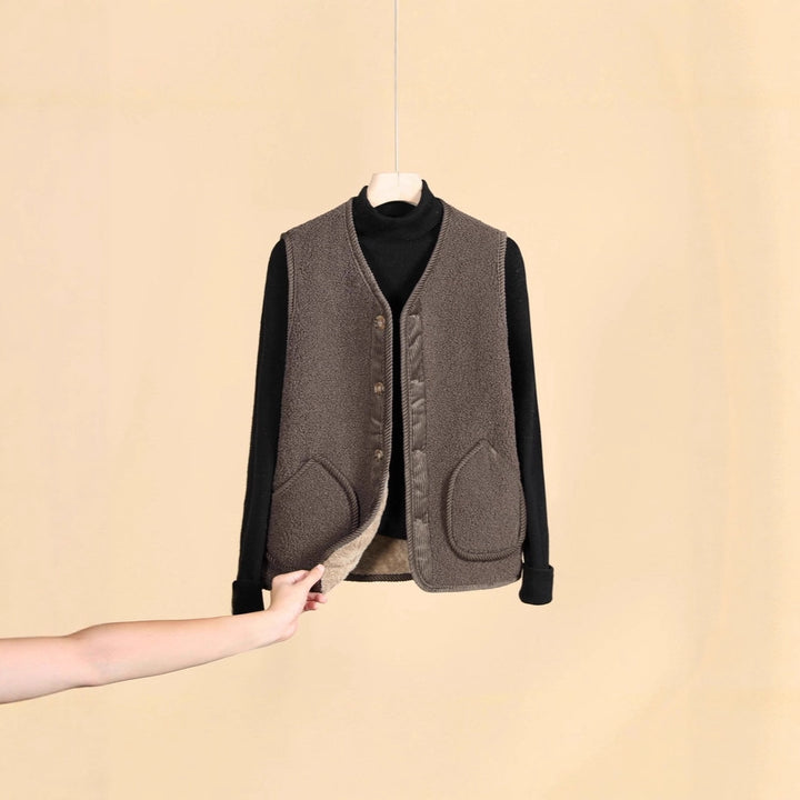 Women's Sleeveless Thermofleece Vest with Button Placket and Round Pockets Mune Fashion