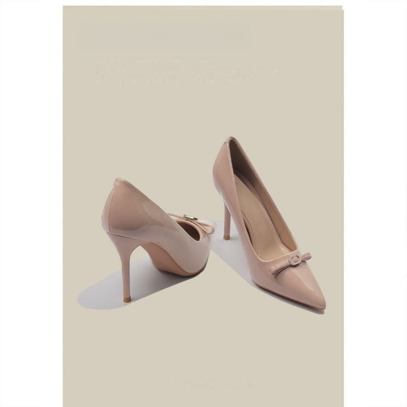 Women's pointed toe patent pumps with high stiletto heel and crystal bow appliqué Mune Fashion