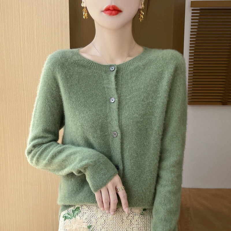 Ladies Cozy Short Cardigan made of Mohair Mix with fine virgin wool texture and mother-of-pearl button placket Mune Fashion