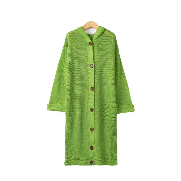 Women's Hooded Long Cardigan made of medium-thick ribbed knit with a full button placket and loose oversized cut Mune Fashion