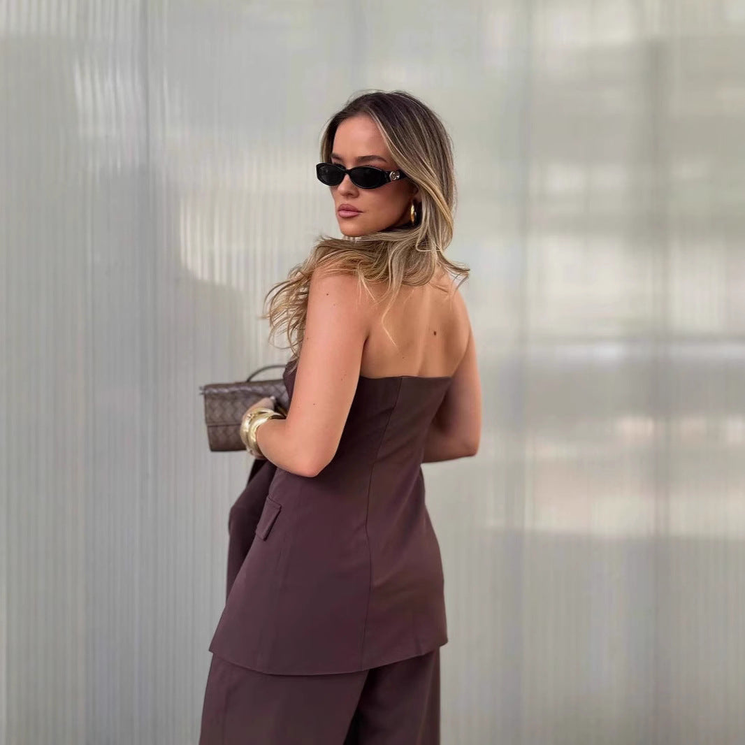 Women's Two-Piece Tailoring Set with Strapless Corset Top and Wide Palazzo Pants Mune Fashion