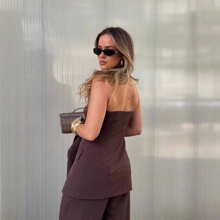 Women's Two-Piece Tailoring Set with Strapless Corset Top and Wide Palazzo Pants Mune Fashion