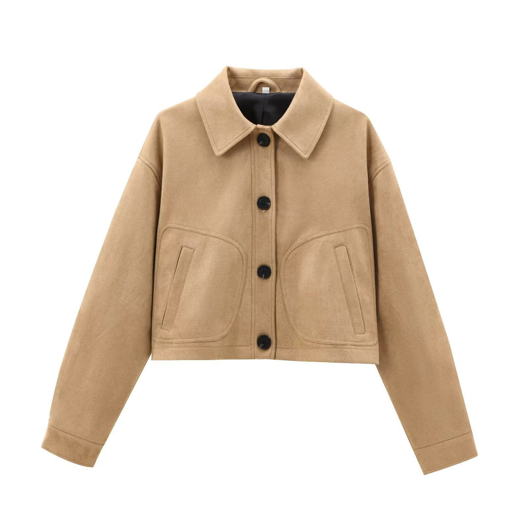 Women Cropped Boxy Transitional Jacket in Velvet Look with Shirt Collar and Patch Pockets Mune Fashion