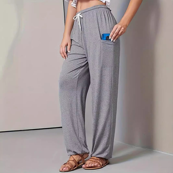 Women Loose Jersey Lounge Pants with Elastic Waistband, Drawstring and Large Side Pocket Mune Fashion