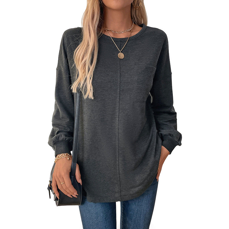 Women's Casual Long Sleeve Jersey Shirt with Central Decorative Seam, Round Neck & Rounded Hem Mune Fashion