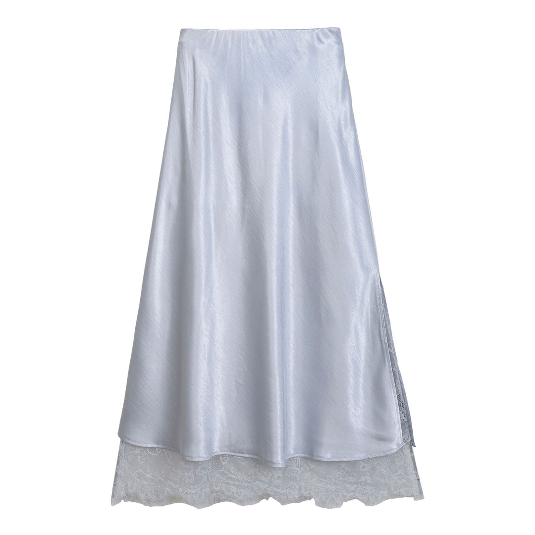 Women's flared satin midi skirt with fine lace lining and seamless waistband Mune Fashion
