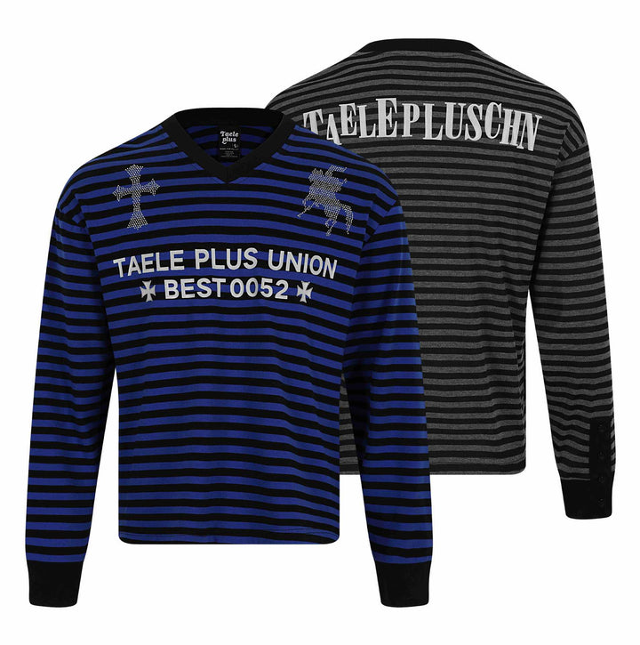 Unisex Striped Long Sleeve Sweater with V-Neck and Rhinestone Applications Mune Fashion