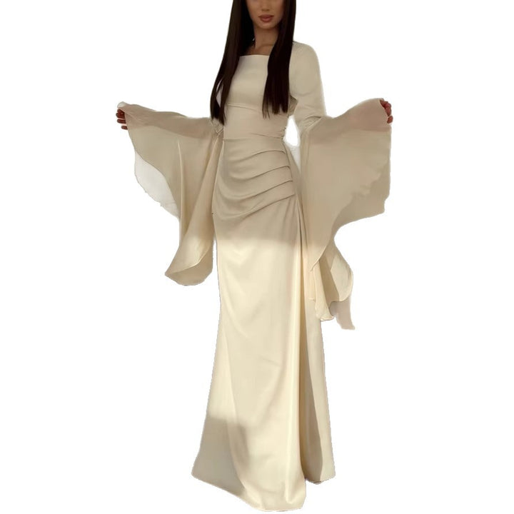 Women evening dress with square neckline, transparent bell sleeves and draped waist section Drune