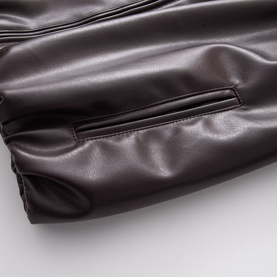 Women's Oversized Faux Leather Blouson Jacket with Collar, Zipper and Elastic Hem Mune Fashion