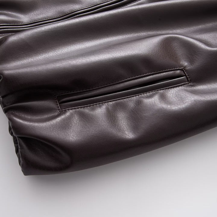 Women's Oversized Faux Leather Blouson Jacket with Collar, Zipper and Elastic Hem Mune Fashion