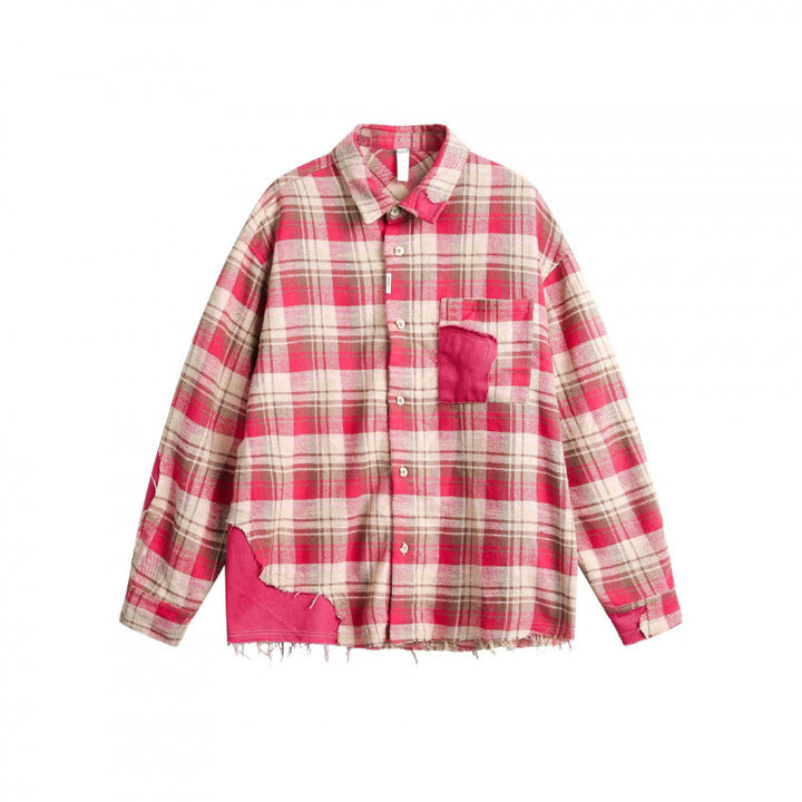 Unisex Oversize Shirt Jacket in Checked Vintage Look with Raw Hem and Contrast Patch Mune Fashion