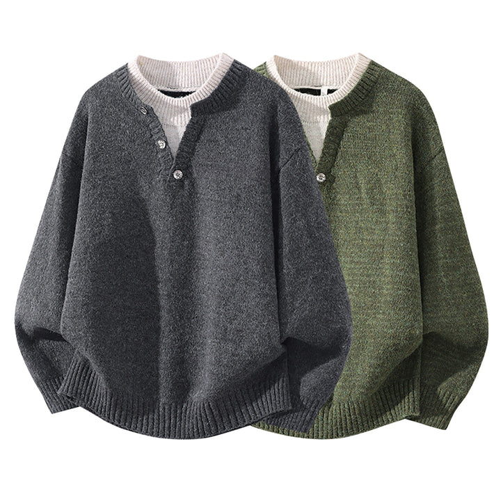 Women’s Oversized Knit Sweater with Henley Half Button Collar and Ribbed Hem Mune Fashion