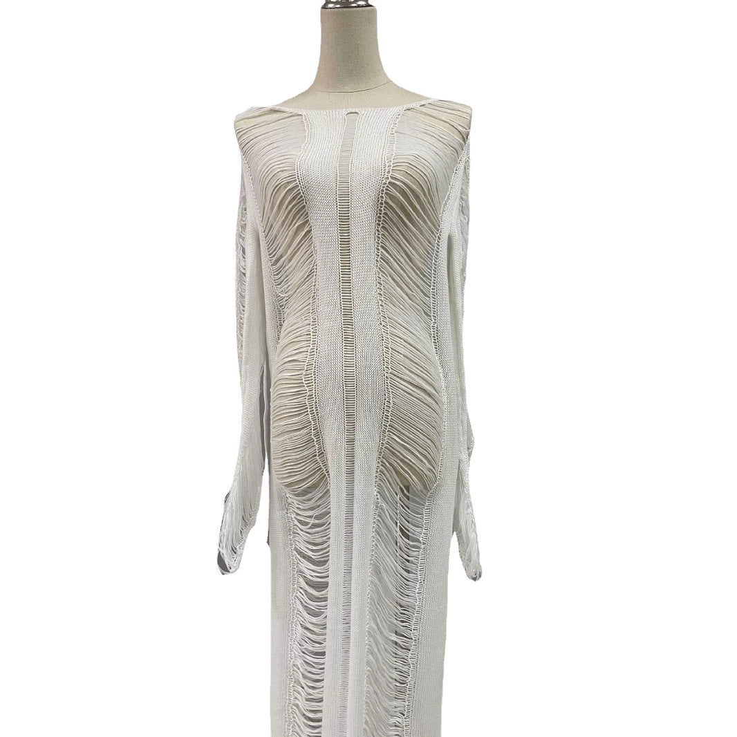 Women's elegant beach dress with refined fringes and transparent elements Mune Fashion