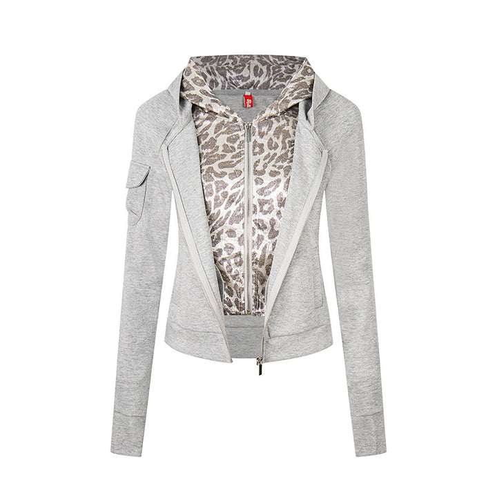 Women's Layered Look Zip Hoodie with Metallic Leopard Lining and Slim Silhouette Mune Fashion
