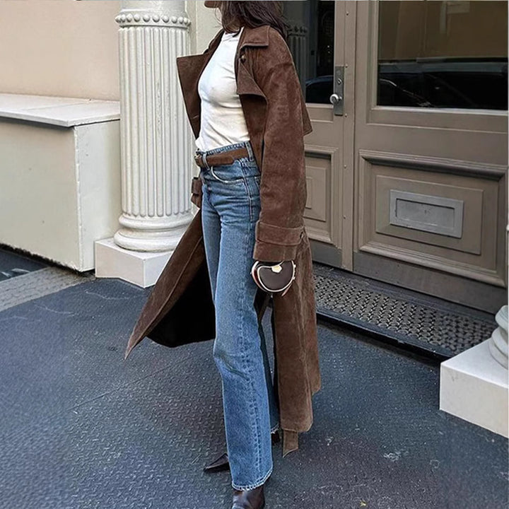 Women's Long Double-Breasted Trench Coat in Suede-Like with Waist Belt Mune Fashion