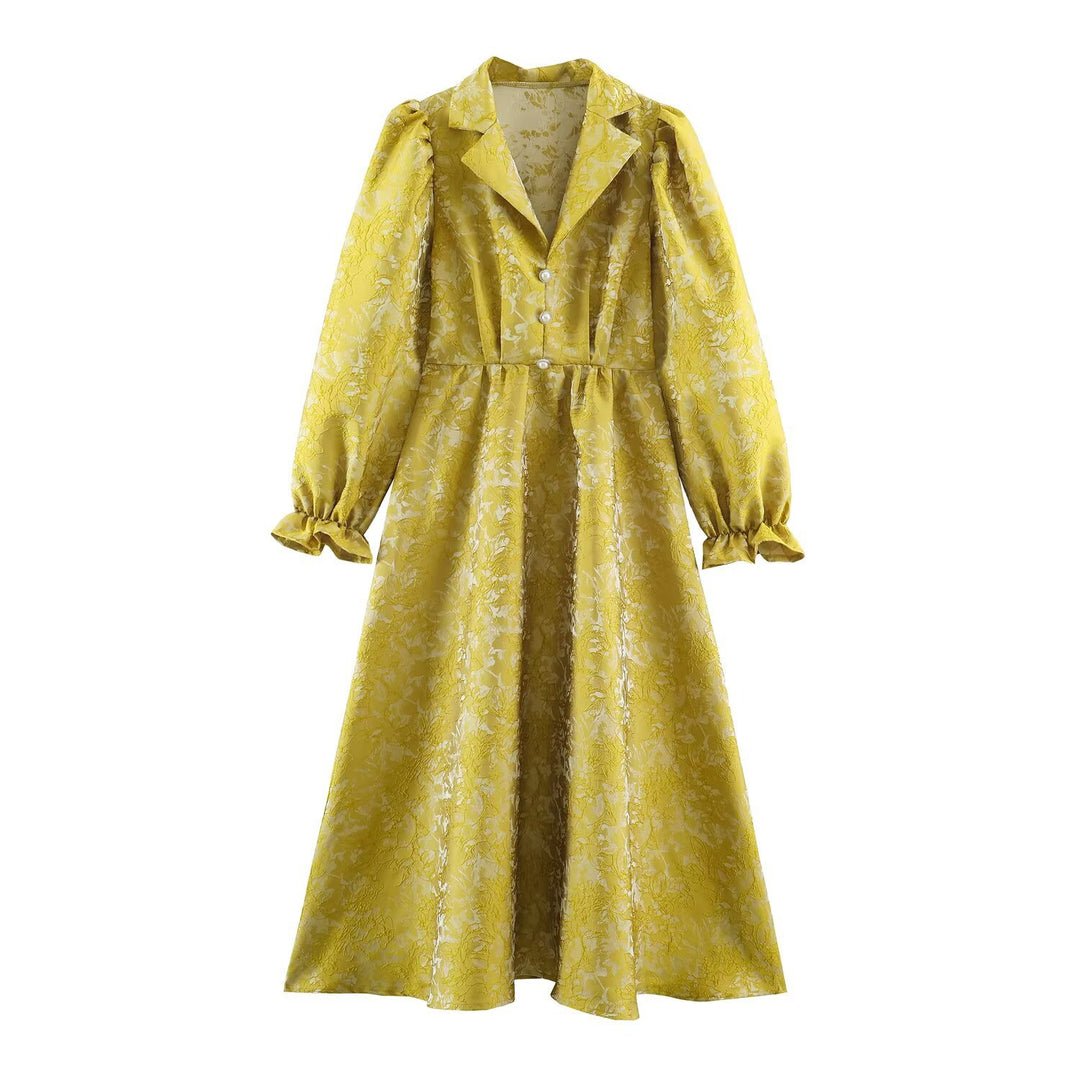 Women's midi dress made of jacquard with puff sleeves, lapel collar, and fitted A-line cut Mune Fashion