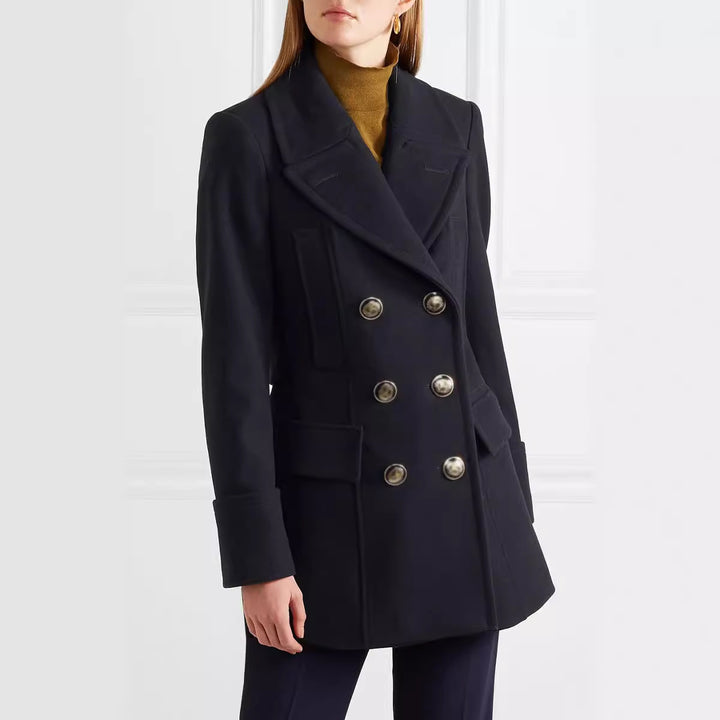 Women Elegant tailored midi-length double-breasted blazer coat with distinctive shoulder and decorative round buttons Mune Fashion