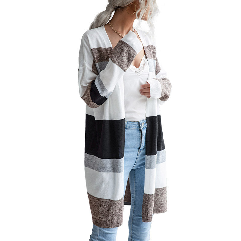 Women Long Open Knit Cardigan with Block Stripes, Light Fall and Pockets Mune Fashion