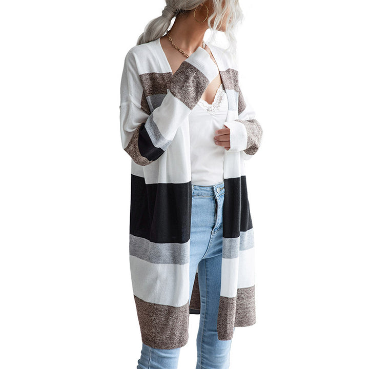 Women Long Open Knit Cardigan with Block Stripes, Light Fall and Pockets Mune Fashion