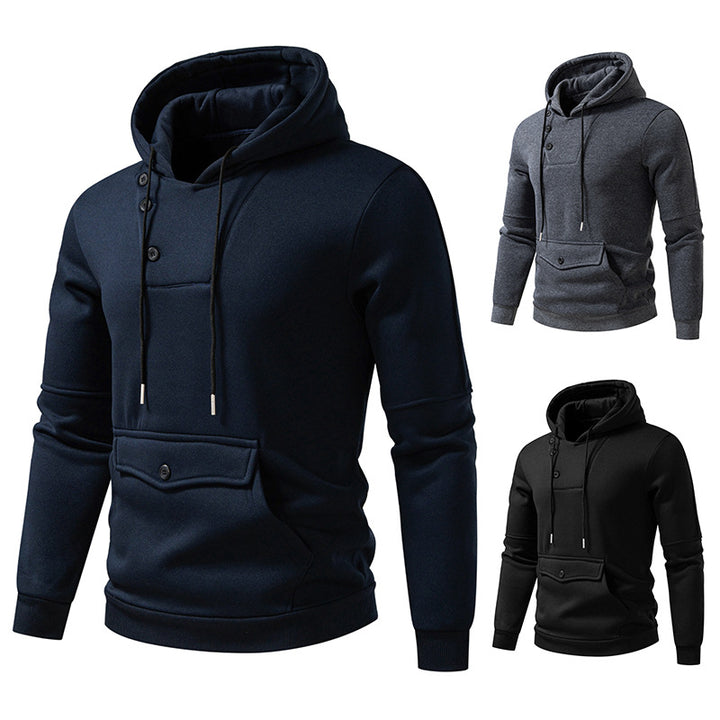 Men's Oversized Cotton Fleece Hoodie with Asymmetric Button Placket and Patch Kangaroo Pocket Mune Fashion