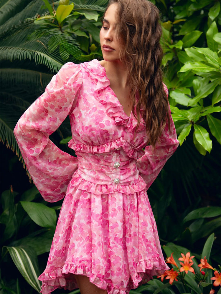 Women Short Ruffled Dress with Tailored Corset Waist and Balloon Sleeves Mune Fashion