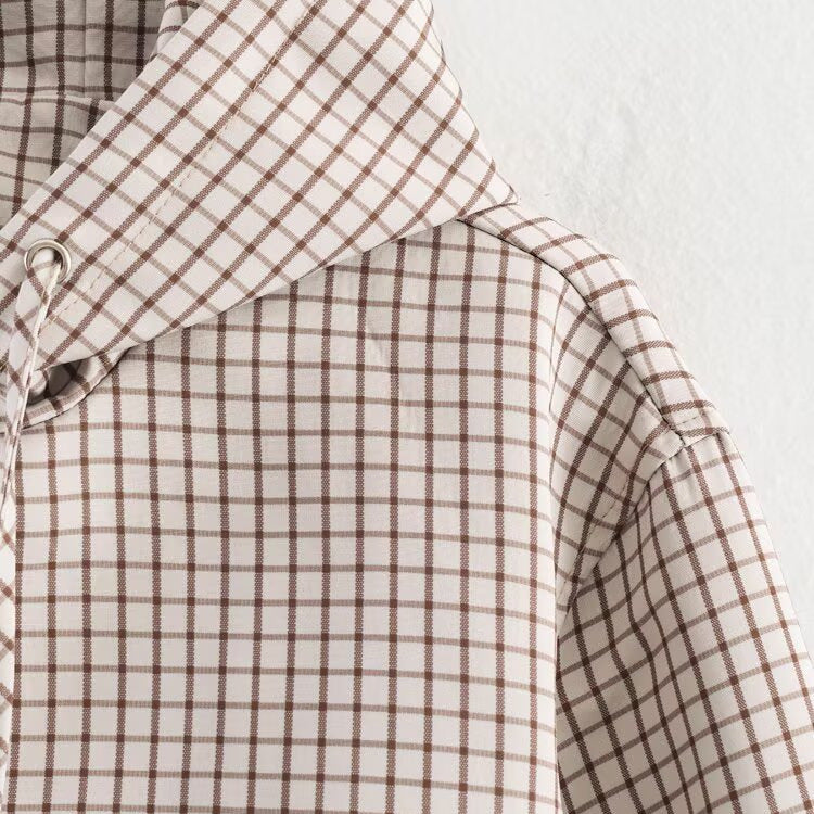 Women Short Cut Checkered Hoodie with Zip and Drawstring Hem Mune Fashion