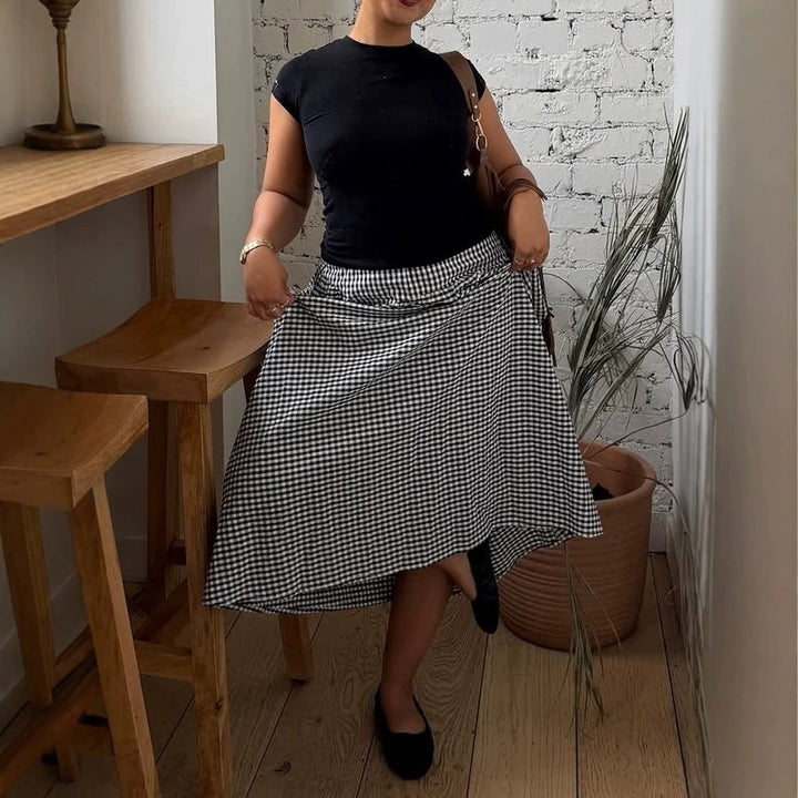 Women's Vichy check midi skirt with high waistband and flattering A-line silhouette Mune Fashion