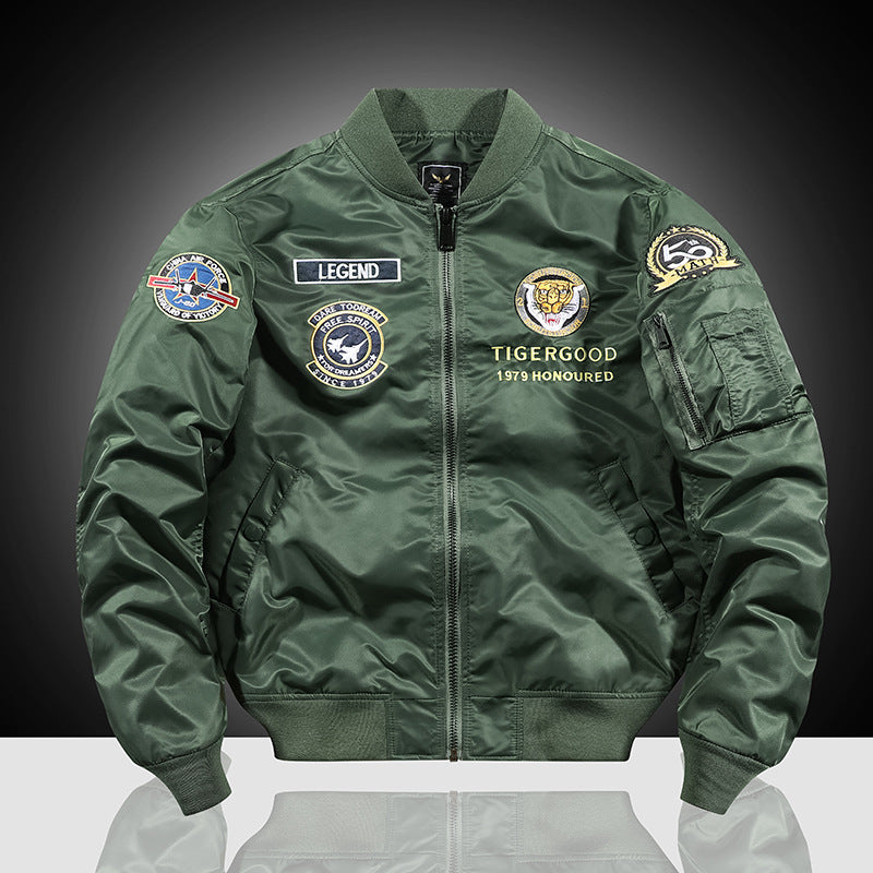 Men's Embroidered Nylon Bomber Jacket in Pilot Style with Tiger Motorcycle Design Mune Fashion