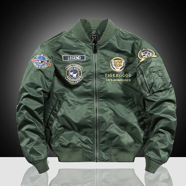 Men's embroidered nylon flight jacket with large tiger and motorcycle motif Mune Fashion