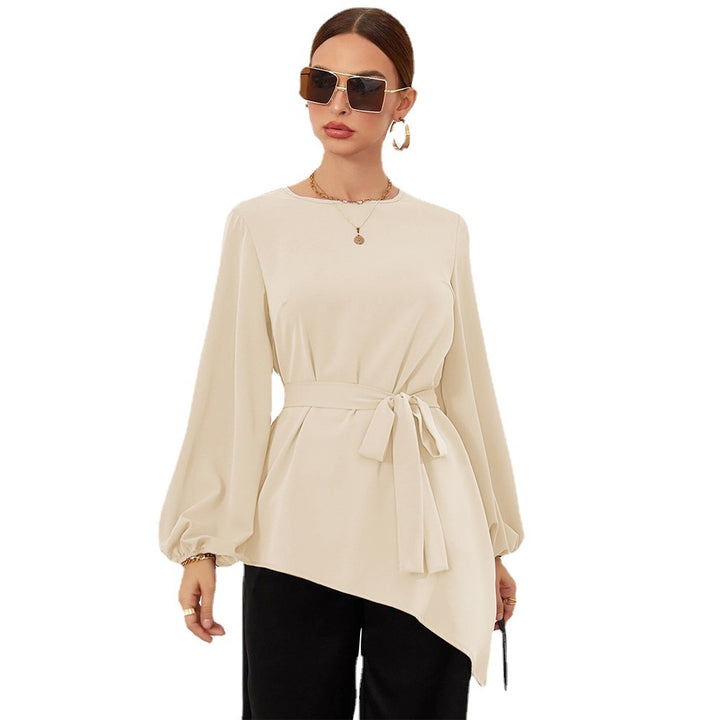 Women asymmetrical tunic blouse with balloon sleeves and waist belt Mune Fashion