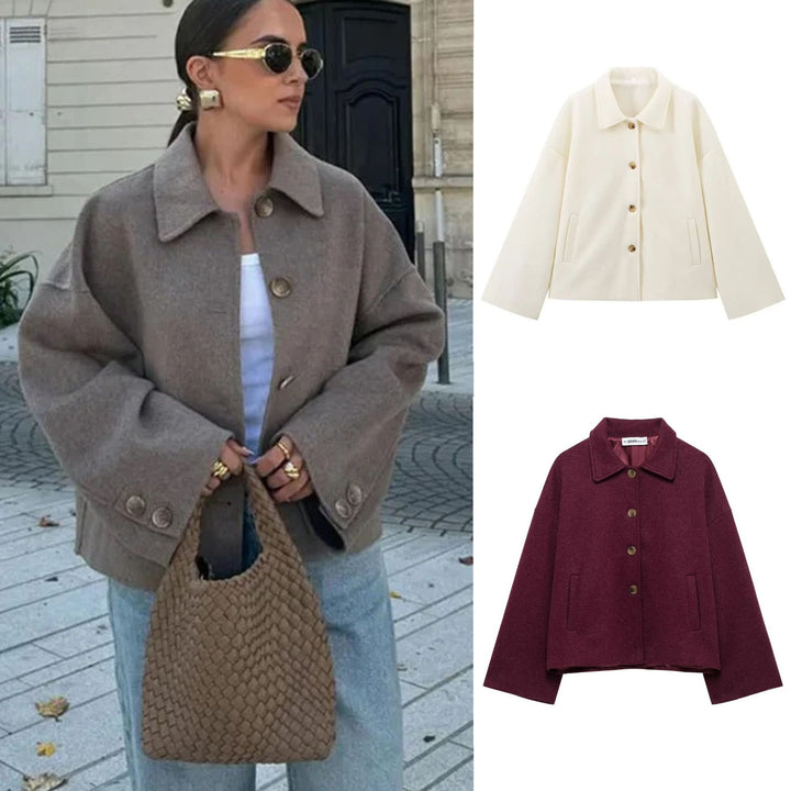 Women's short casual wool jacket with shirt collar, full button placket, and inset side pockets Mune Fashion