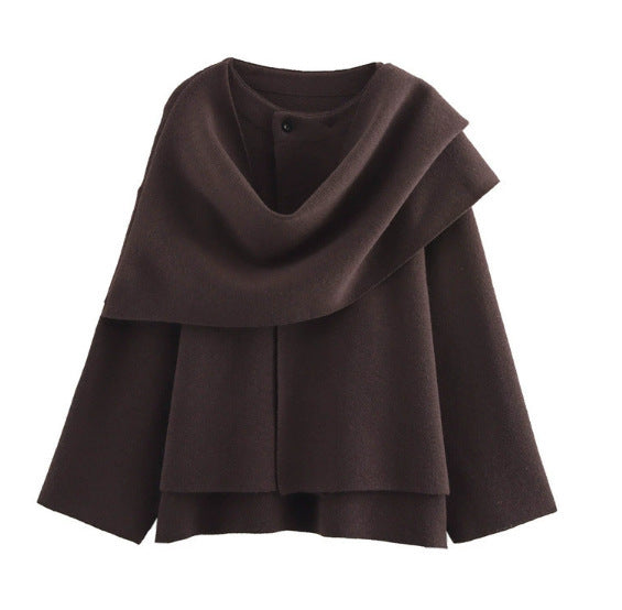 Women's Layered Poncho with Sleeves and Button Collar Mune Fashion